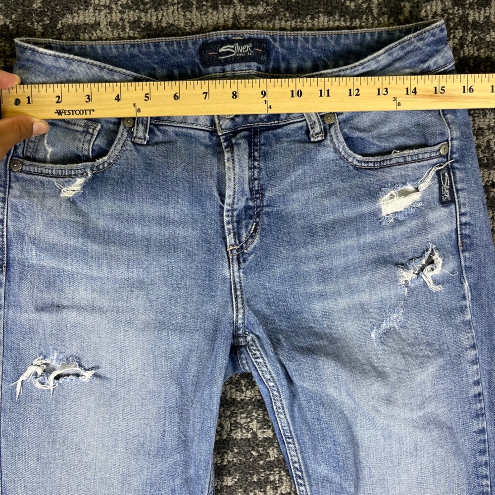 Silver Jeans Avery Slim Bootcut Jeans Womens W29 L33 Blue Distressed Side Slit - Picture 7 of 11